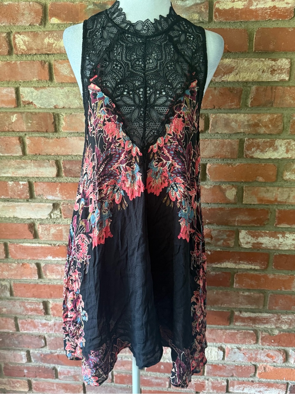 Free People marsh printed Whimsygoth Black Lace Yoke Multicolor Floral mini dres